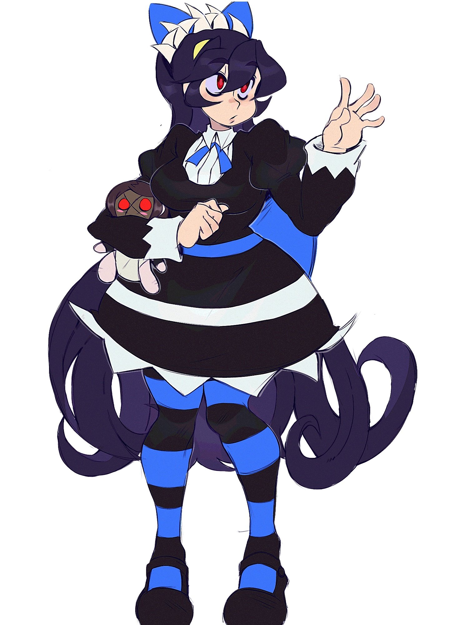 filia (skullgirls), painwheel (skullgirls), stocking (psg), panty & stocking with garterbelt, skullgirls, highres, 1girl, black dress, black hair, blue bow, bow, closed mouth, cosplay, dress, frilled dress, frills, futakuchi-onna, gothic lolita, hair between eyes, hair bow, holding, holding stuffed toy, j0xf4d, living hair, lolita fashion, long hair, long sleeves, pantyhose, prehensile hair, red eyes, solo, stocking (psg) (cosplay), striped clothes, striped leggings, striped pantyhose, striped thighhighs, stuffed animal, stuffed toy, thighhighs, two-tone thighhighs, very long hair