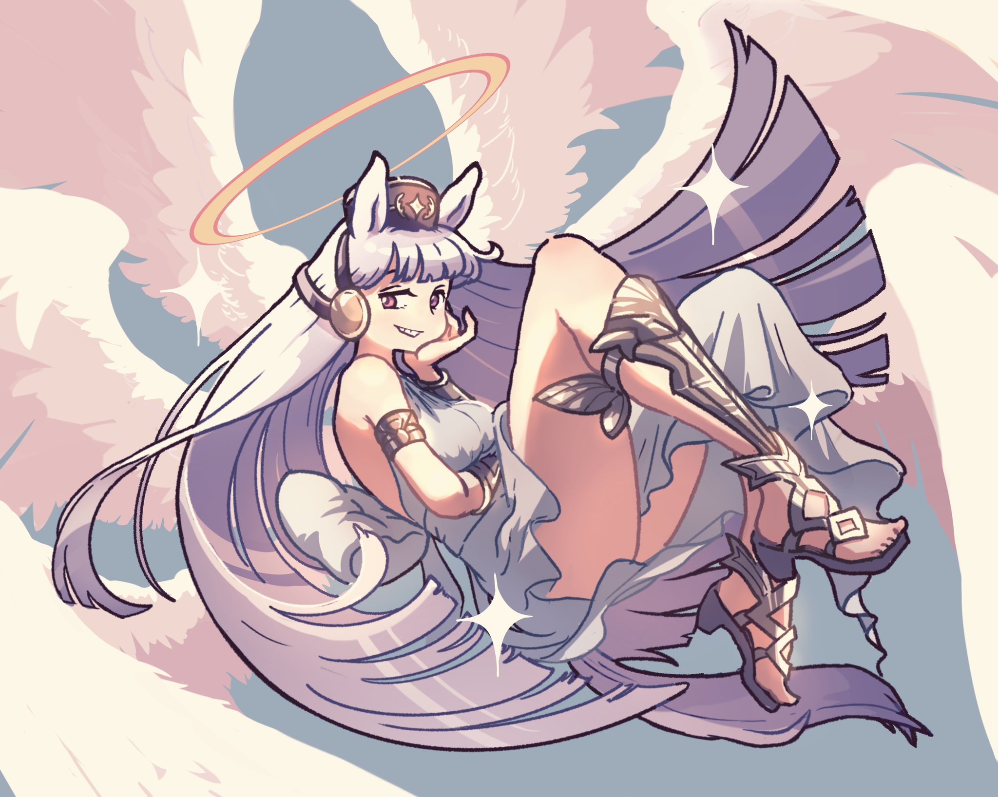 gold ship (umamusume), granblue fantasy, umamusume, commentary request, highres, 1girl, armlet, armor, blunt bangs, blunt ends, brown hat, feathered wings, fujinoto, gold vambraces, golsilius (granblue fantasy), greaves, greco-roman clothes, grey hair, grin, halo, hand on own cheek, hand on own face, hat, headgear, jewelry, long hair, looking at viewer, multiple wings, orange halo, pillbox hat, purple eyes, seraph, sideways glance, smile, smirk, solo, strappy heels, vambraces, very long hair, wings