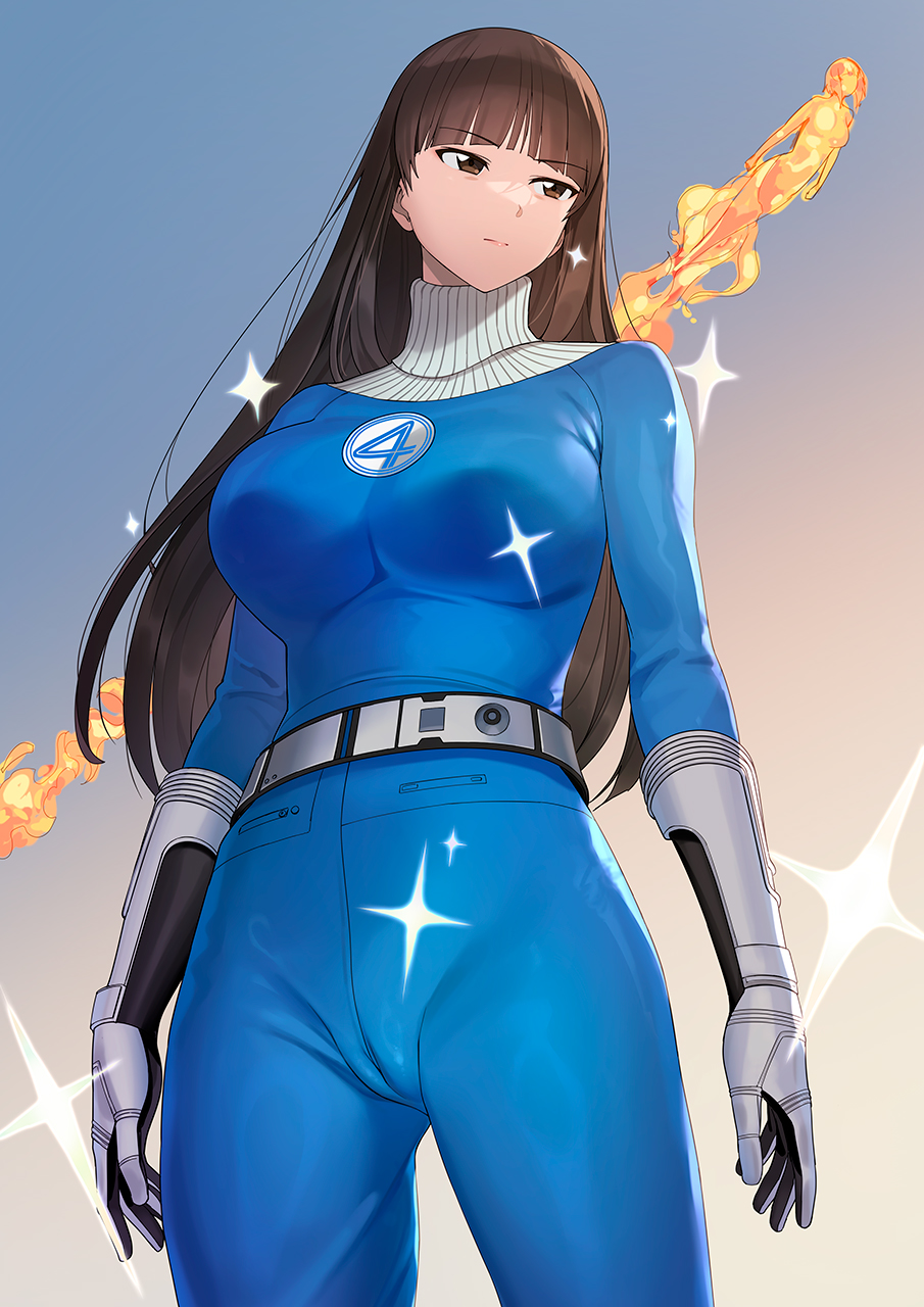 a1 (initial-g), nishizumi shiho, girls und panzer, highres, 1girl, armored gloves, belt, black gloves, blue bodysuit, blunt bangs, bodysuit, breasts, brown eyes, brown hair, closed mouth, gloves, large breasts, long hair, mature female, solo, sparkle, standing, straight hair, very long hair, white belt