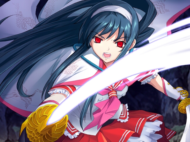 kyoudou senna, alice soft, dai (series), daibanchou, game cg, tagme, 1girl, blue hair, female focus, long hair, open mouth, red eyes, solo, sword, weapon