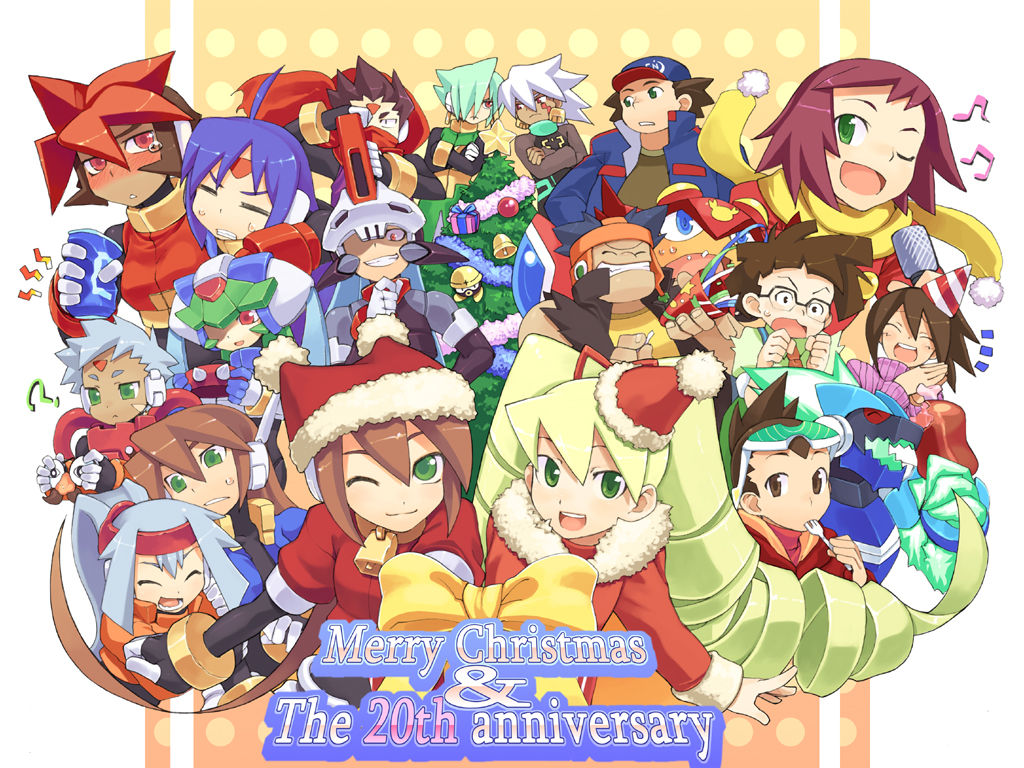 shigehiro (hiroi heya), aaron boreal (mega man), aeolus (mega man), aile (mega man zx), ashe (mega man), atlas (mega man), bud bison (mega man), cancer bubble (mega man), geo stelar (mega man), hope stelar (mega man), luna platz (mega man), met (mega man), omega-xis (mega man), pandora (mega man), prometheus (mega man), siarnaq (mega man), solo (mega man), sonia strumm (mega man), thetis (mega man), vent (mega man), zack temple (mega man), capcom, mega man (series), mega man star force (series), mega man zx, mega man zx advent, 00s, 6+boys, 6+girls, christmas, colored bangs, drill hair, everyone, green eyes, multiple boys, multiple girls, one eye closed, red eyes, santa costume, wink