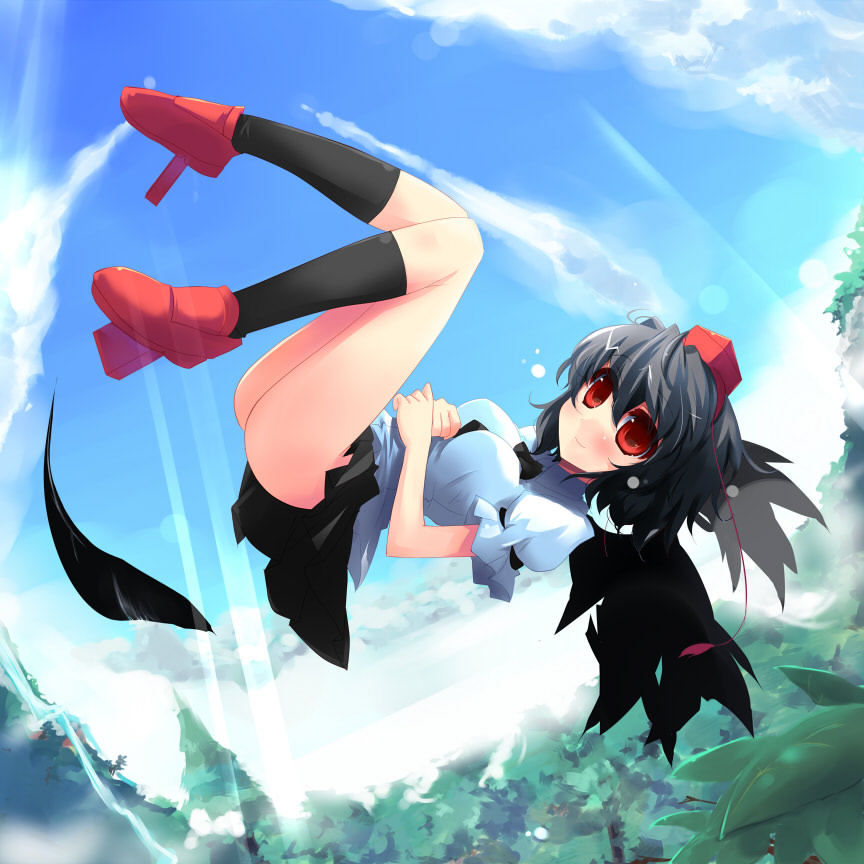 shin (new), shameimaru aya, touhou, 1girl, black hair, black wings, blush, cloud, feathers, female focus, forest, geta, hat, looking at viewer, nature, red eyes, short hair, skirt, smile, solo, tengu-geta, tokin hat, tree, wings