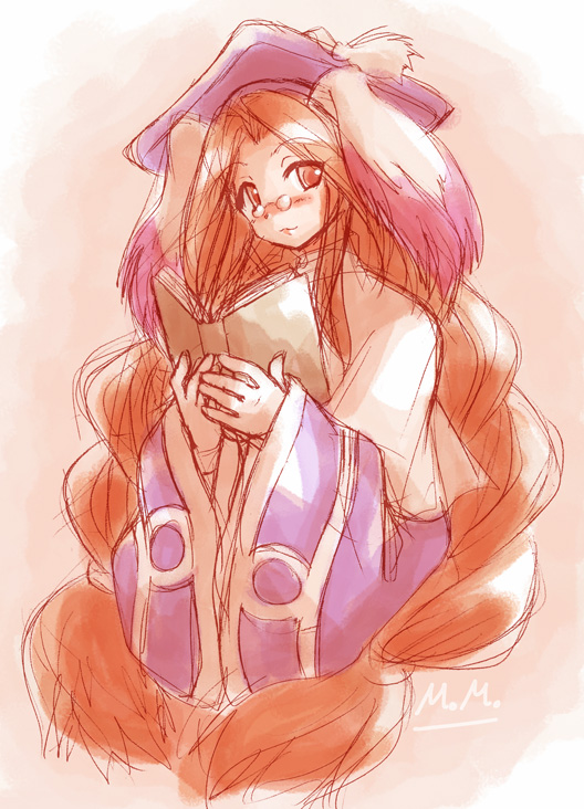 momo (breath of fire), breath of fire, breath of fire iii, animal ears, bloom, blush, book, glasses, gloves, hat, long hair, orange hair, rabbit ears, red hair, robe, solo