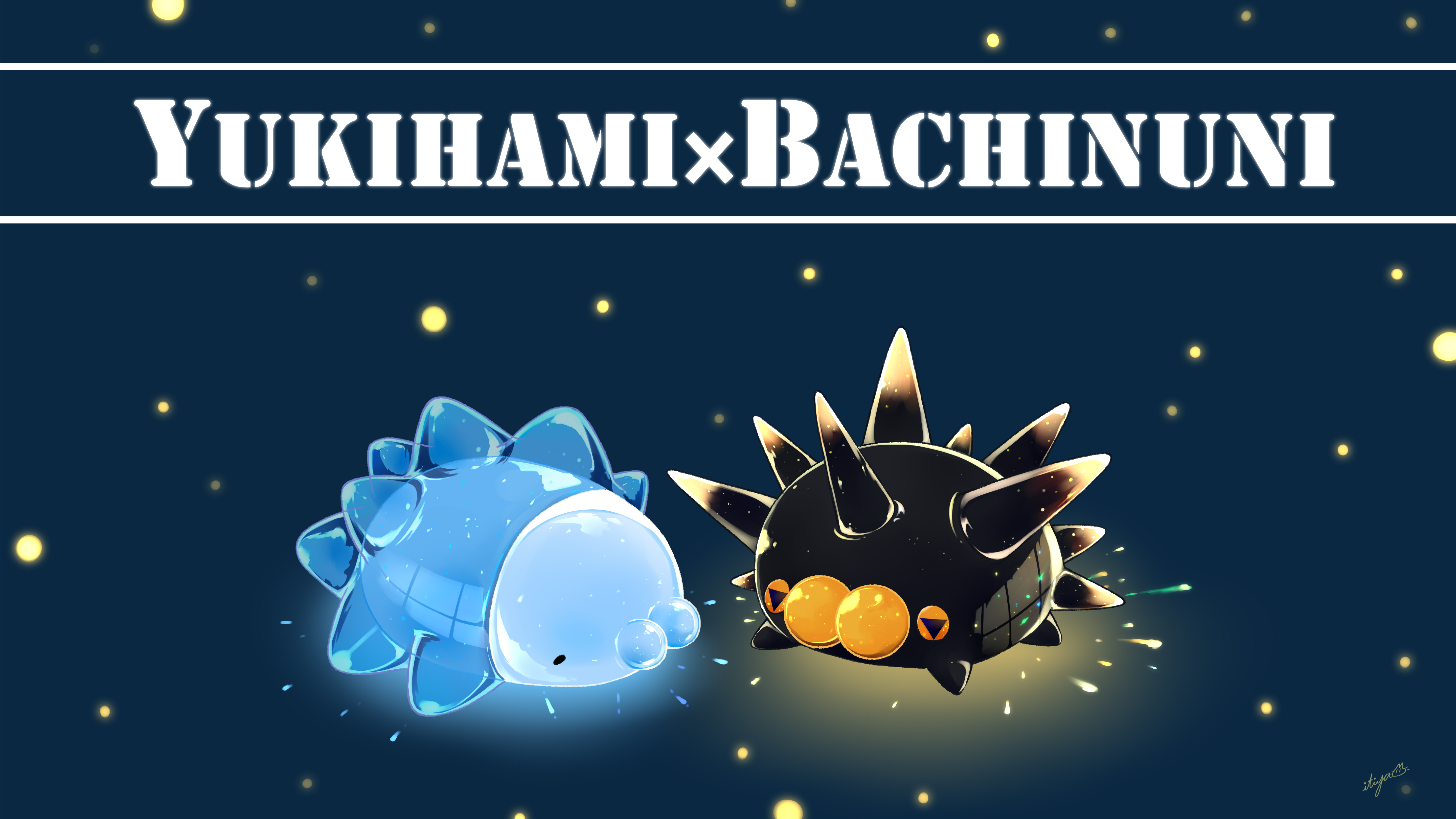 itiya1412, pincurchin, snom, nintendo, pokemon, absurdres, commentary request, highres, animal focus, character name, gen 8 pokemon, no humans, pokemon (creature), pokemon focus, signature, spikes, symbol-shaped pupils, triangle-shaped pupils, yellow eyes