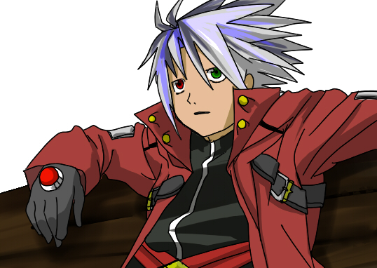 ichigou, edward elric, ragna the bloodedge, arc system works, blazblue, fullmetal alchemist, silver hair, bad id, bad pixiv id, coat, gloves, green eyes, heterochromia, leaning, male focus, meme, parody, red eyes, short hair, solo, spiked hair, style parody, trench coat