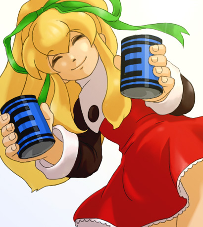 beri, roll (mega man), capcom, mega man (classic), mega man (series), lowres, 1girl, blonde hair, can, female focus, long hair, red skirt, ribbon, skirt, smile, solo