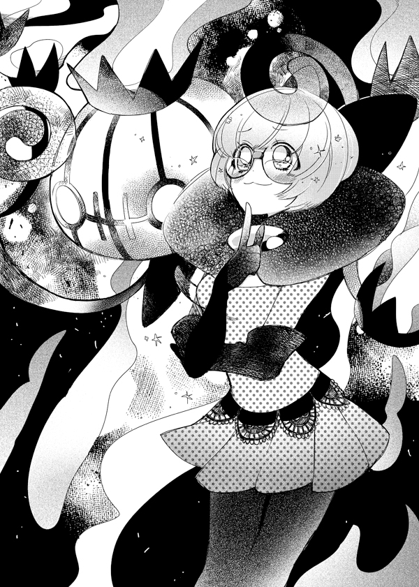 gh (ront), chandelure, shauntal (pokemon), nintendo, pokemon, pokemon bw, 1girl, blunt bangs, bob cut, bow, breasts, chandelier, elbow gloves, fire, gen 5 pokemon, ghost, glasses, gloves, large bow, low-cut, monochrome, neck pillow, pokemon (creature), rimless eyewear, round eyewear, short hair, smile
