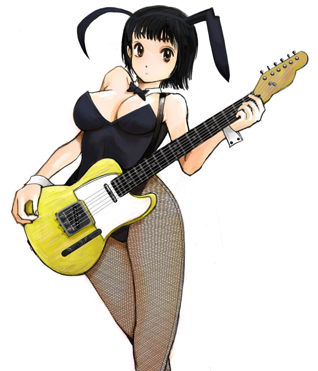 kazaana, original, 1girl, animal ears, black hair, breasts, brown eyes, cleavage, fake animal ears, female focus, fishnet pantyhose, fishnets, guitar, instrument, large breasts, pantyhose, playboy bunny, rabbit ears, short hair, solo