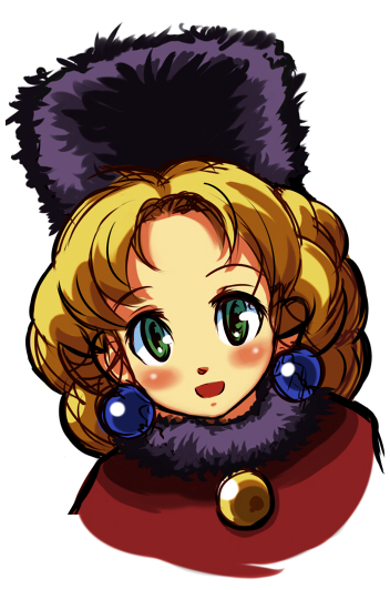 kalinka cossack (mega man), capcom, mega man (classic), mega man (series), blonde hair, blush, coat, earrings, fur hat, green eyes, hat, jewelry, smile, solo