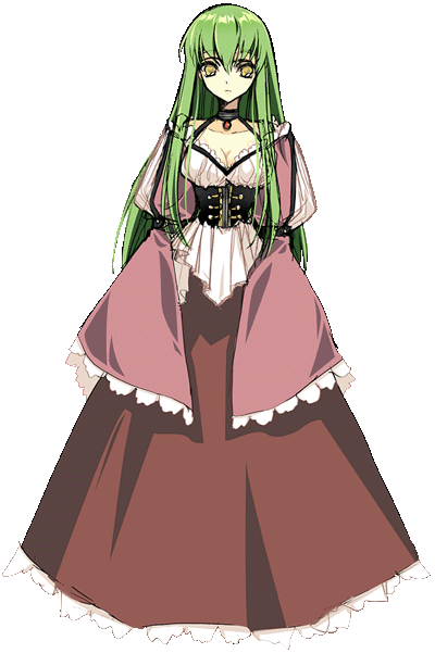 creayus, c.c., code geass, 00s, dress, formal clothes, full body, green hair, long hair, transparent background, yellow eyes