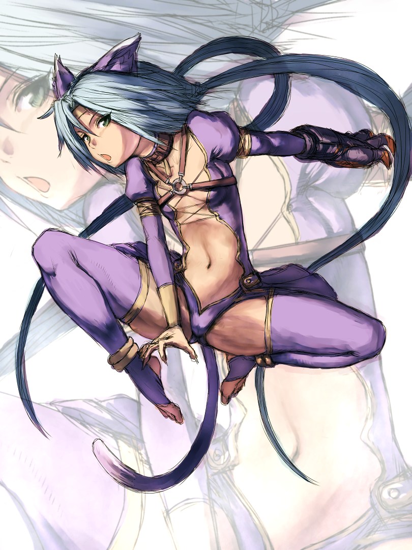fumio (rsqkr), meracle chamlotte, star ocean, star ocean: the last hope, 1girl, animal ears, anklet, barefoot, blue hair, cat ears, cat tail, feet, female focus, flat chest, green eyes, jewelry, long hair, o-ring, solo, stirrup legwear, tail, thighhighs, toeless legwear, toes, zoom layer