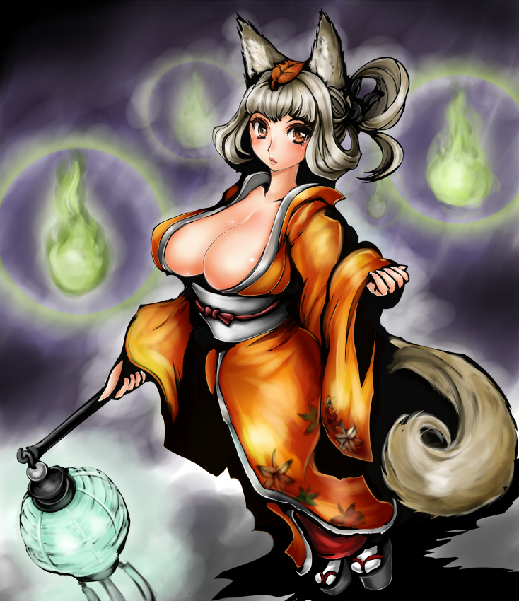 1041 (toshikazu), inari, kongiku, oboro muramasa, vanillaware, 1girl, animal ears, areola slip, breasts, cleavage, collarbone, female focus, fox ears, fox tail, grey hair, hair up, hitodama, huge breasts, japanese clothes, kimono, lantern, leaf, leaf on head, object on head, orange eyes, paper lantern, solo, tail, tassel, traditional youkai