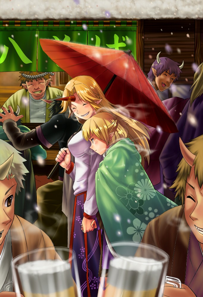 inuzuka bouru, hoshiguma yuugi, mizuhashi parsee, touhou, duplicate, jpeg artifacts, non-web source, 2girls, blonde hair, blush, breath, female focus, holding hands, horns, long hair, multiple girls, oil-paper umbrella, oni, pointy ears, short hair, single horn, smile, umbrella
