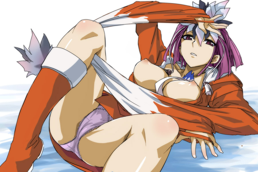 michael f91, kuzuryuu amane, atlus, devil survivor (series), devil survivor 1, hand on head, red legwear, 1girl, arm up, bed, body blush, boots, breasts, breasts out, cameltoe, collarbone, expressionless, feathers, female focus, fingernails, hair ornament, headdress, hood, hoodie, knee boots, knees, legs, long sleeves, looking at viewer, lying, nipples, no bra, on back, open clothes, open shirt, panties, parted lips, puffy nipples, purple eyes, purple hair, purple panties, red boots, shiny skin, shirt, short hair, simple background, sleeves past wrists, solo, thighs, underwear, white background
