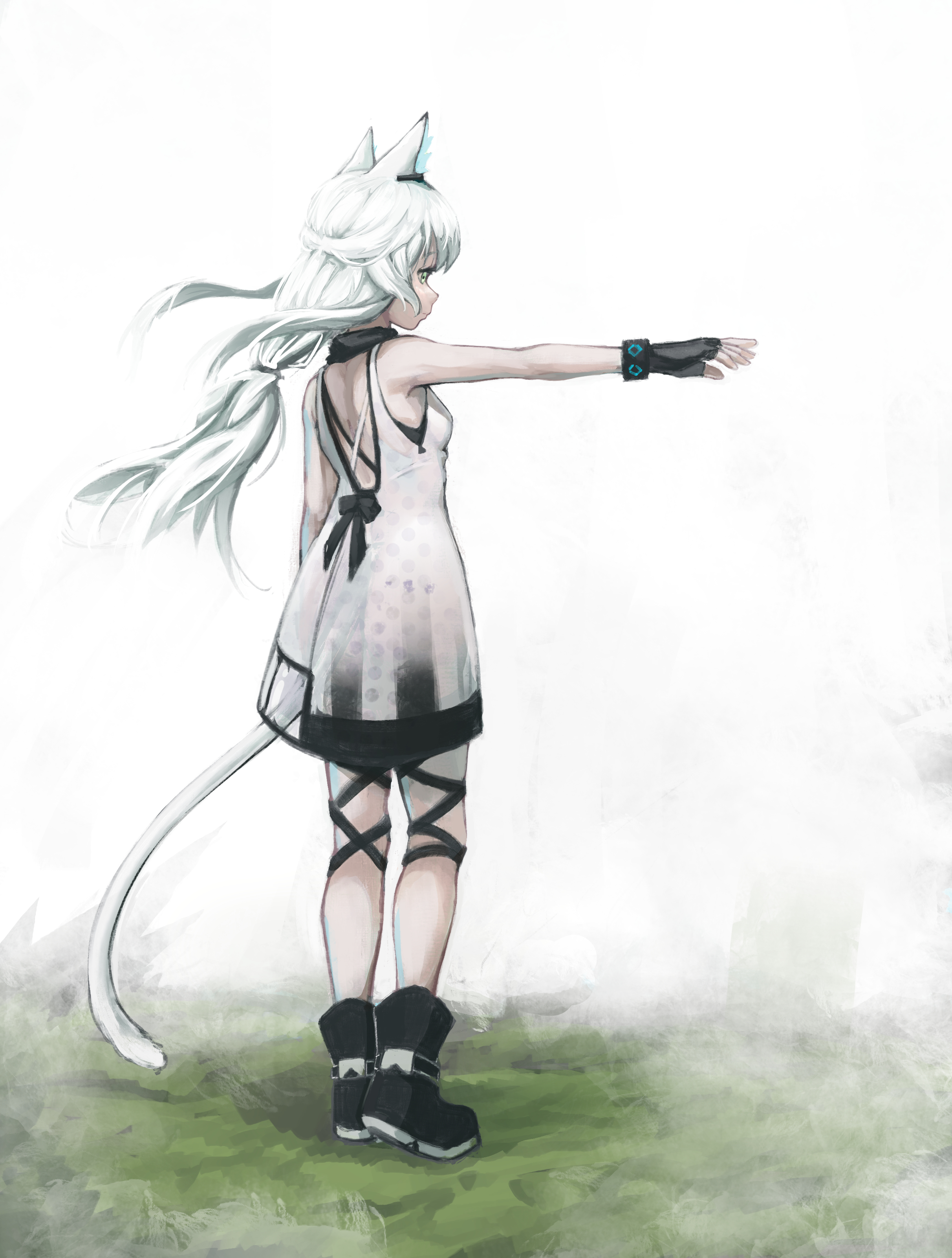 dann c mont, rosmontis (arknights), arknights, absurdres, highres, 1girl, animal ears, cat ears, cat girl, cat tail, dress, fingerless gloves, gloves, long hair, solo, tail, white dress, white hair
