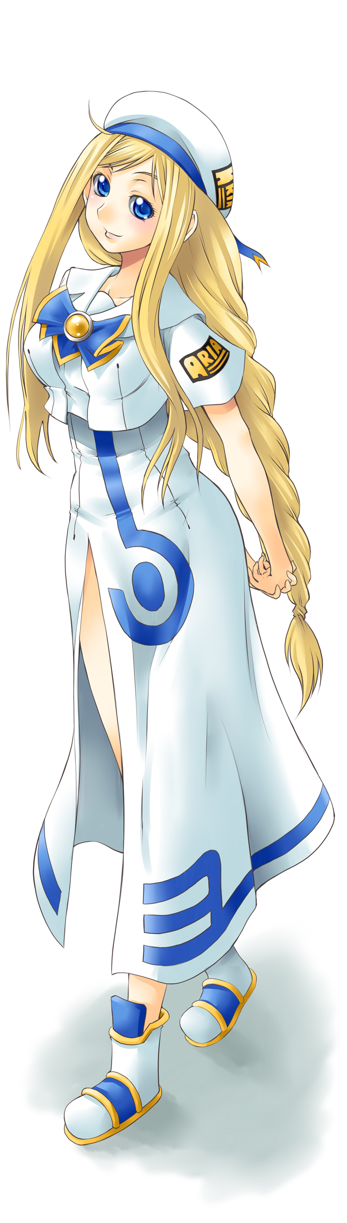 yaso shigeru, alicia florence, aria (manga), absurdres, highres, long image, tall image, 00s, 1girl, arms behind back, blonde hair, blouse, blue eyes, boots, braid, braided ponytail, breasts, female focus, full body, gradient background, hat, long hair, shirt, single braid, smile, solo, standing, very long hair, white shirt