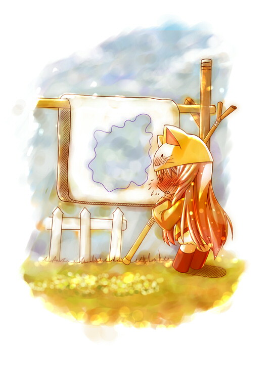 wada kenichi, megurine luka, megurine luka (toeto), toeto (vocaloid), vocaloid, animal hat, bedwetting, blush, cat hat, chibi, embarrassed, hat, long hair, solo, staff, very long hair