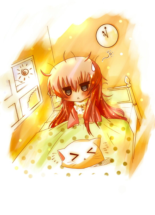 wada kenichi, megurine luka, megurine luka (toeto), toeto (vocaloid), vocaloid, > <, animal hat, bed, blush, cat hat, clock, closed eyes, hat, long hair, solo, sun, sweatdrop, very long hair