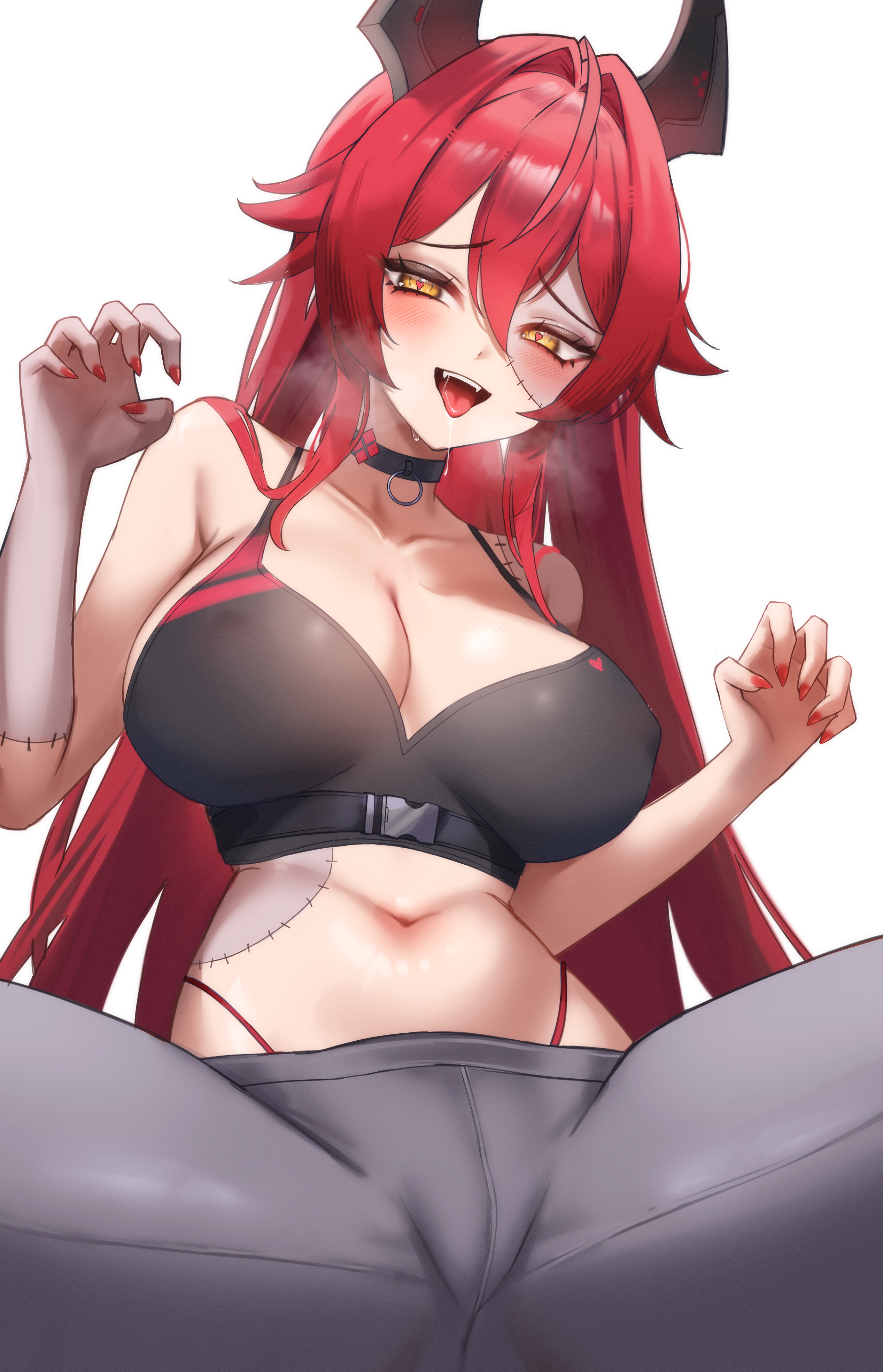 maviss 03, red hood (nikke), goddess of victory: nikke, absurdres, commentary request, highres, paid reward available, variant set, 1girl, ahoge, alternate costume, bare shoulders, black choker, black sports bra, blush, breasts, buckle, choker, claw pose, cleavage, collarbone, covered erect nipples, double-parted bangs, fangs, fingernails, grey pants, hair between eyes, hair flaps, hair intakes, halloween costume, heart, heart-shaped pupils, highleg, highleg panties, horns, large breasts, long fingernails, long hair, looking at viewer, mechanical horns, midriff, navel, open mouth, panties, pants, red hair, red nails, saliva, sidelocks, simple background, sitting, snap-fit buckle, solo, sports bra, spread legs, steam, stitched arm, stitched face, stitched torso, stitches, symbol-shaped pupils, teeth, tongue, tongue out, underbust, underwear, upper teeth only, very long hair, white background, yellow eyes