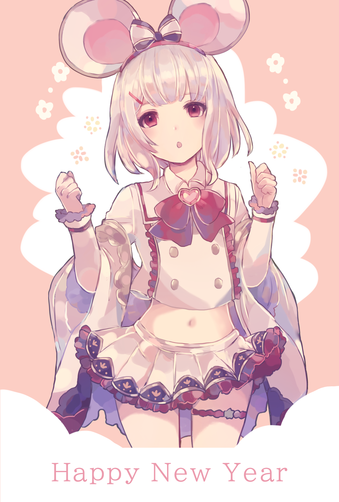 shiina kimagure, vikala (granblue fantasy), granblue fantasy, commentary request, highres, 1girl, :o, animal ears, bow, english text, fake animal ears, grey hair, grey skirt, hair ornament, hairclip, hands up, happy new year, heart, long sleeves, looking at viewer, midriff, mouse ears, navel, new year, pink background, pleated skirt, red eyes, simple background, skirt, solo, white skirt