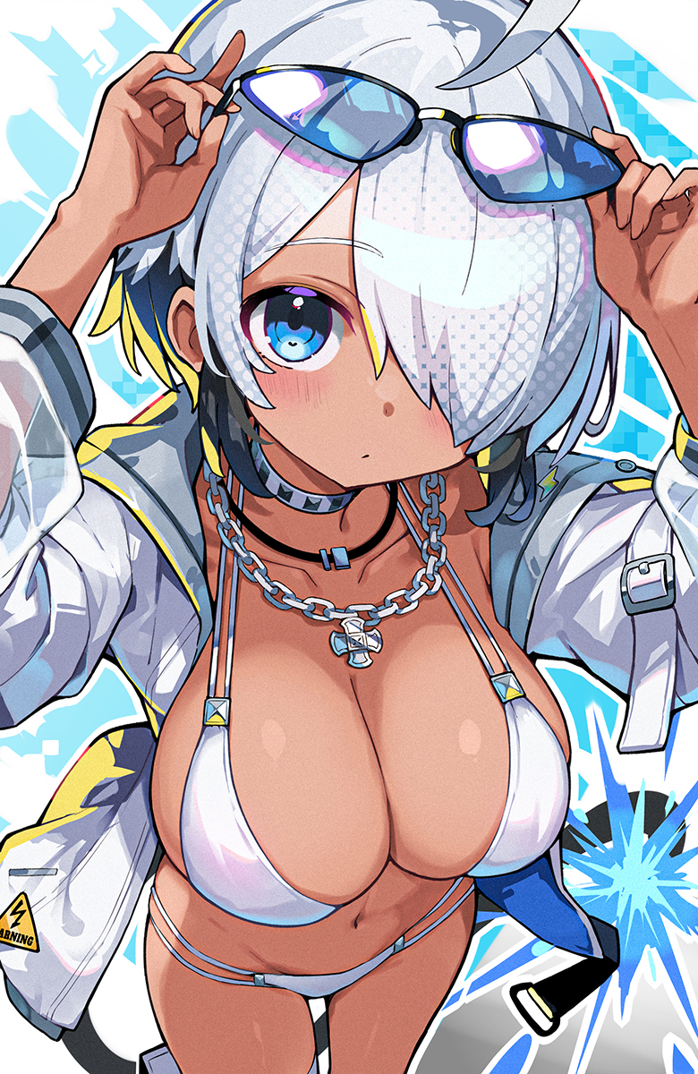 omochishiki, gray (bombergirl), bombergirl, commentary request, highres, 1girl, adjusting eyewear, arms up, bikini, blue-tinted eyewear, breasts, chain, chain necklace, choker, closed mouth, cross, cross necklace, eyewear on head, grey choker, grey hair, hair over one eye, hand on eyewear, jacket, jewelry, large breasts, looking at viewer, navel, necklace, one eye covered, open clothes, open jacket, short hair, solo, standing, stomach, swimsuit, tan, tinted eyewear, white bikini, white jacket