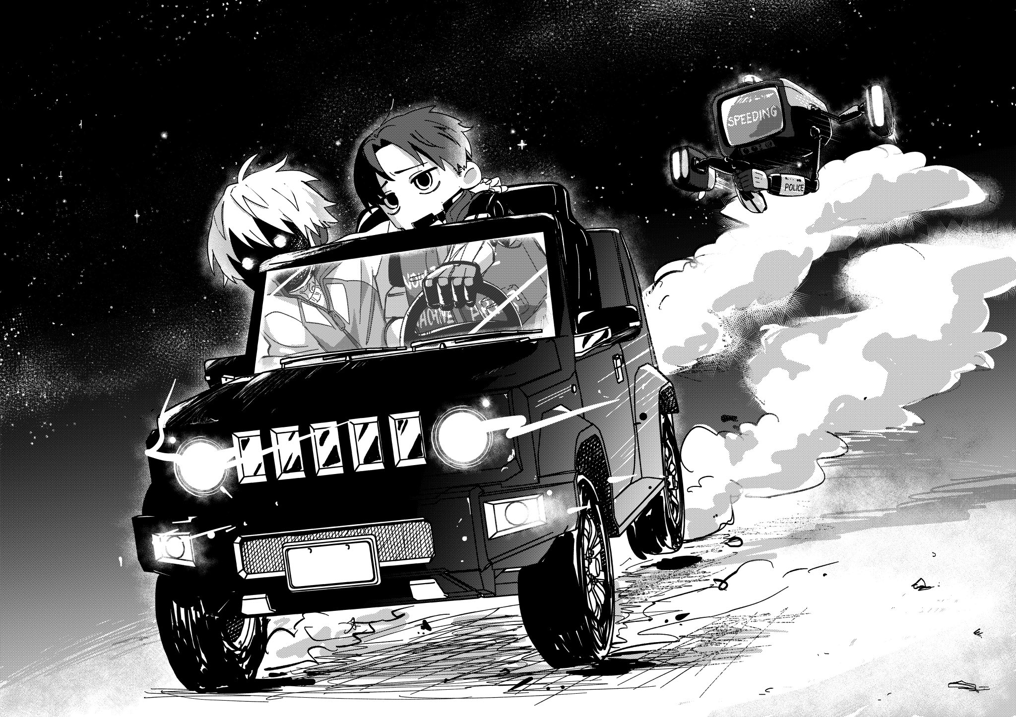kswmt3, milky galactic universe, milky subway, highres, 2boys, car, cyborg, driving, greyscale, kurt cramer, male focus, max mccalister, mechanical arms, military jeep, monochrome, motor vehicle, multiple boys, no mouth, parted bangs, robot, screentones, sky, smoke, star (sky), starry sky, steering wheel, wheel