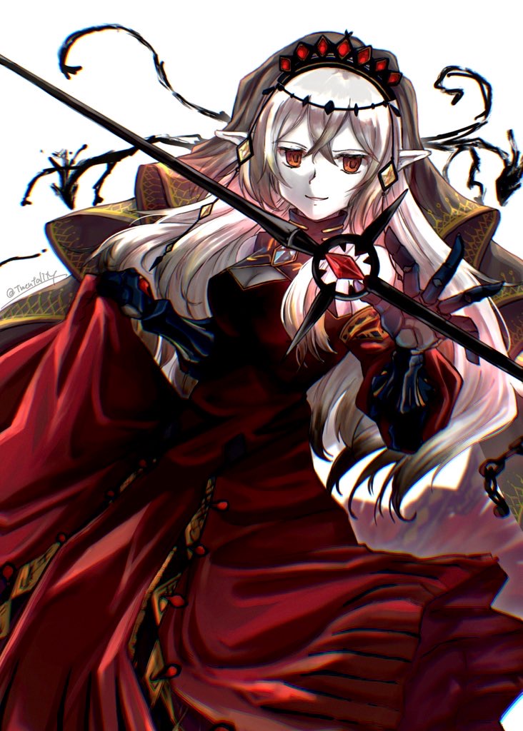 himono (twin mentality), blazing cartesia the virtuous, ecclesia (yu-gi-oh!), yu-gi-oh!, commentary request, 1girl, black veil, dress, duel monster, gem, hair between eyes, hair ornament, long sleeves, looking at viewer, parted lips, pointy ears, red dress, red eyes, red gemstone, simple background, smile, solo, sword, veil, weapon, white background, white hair