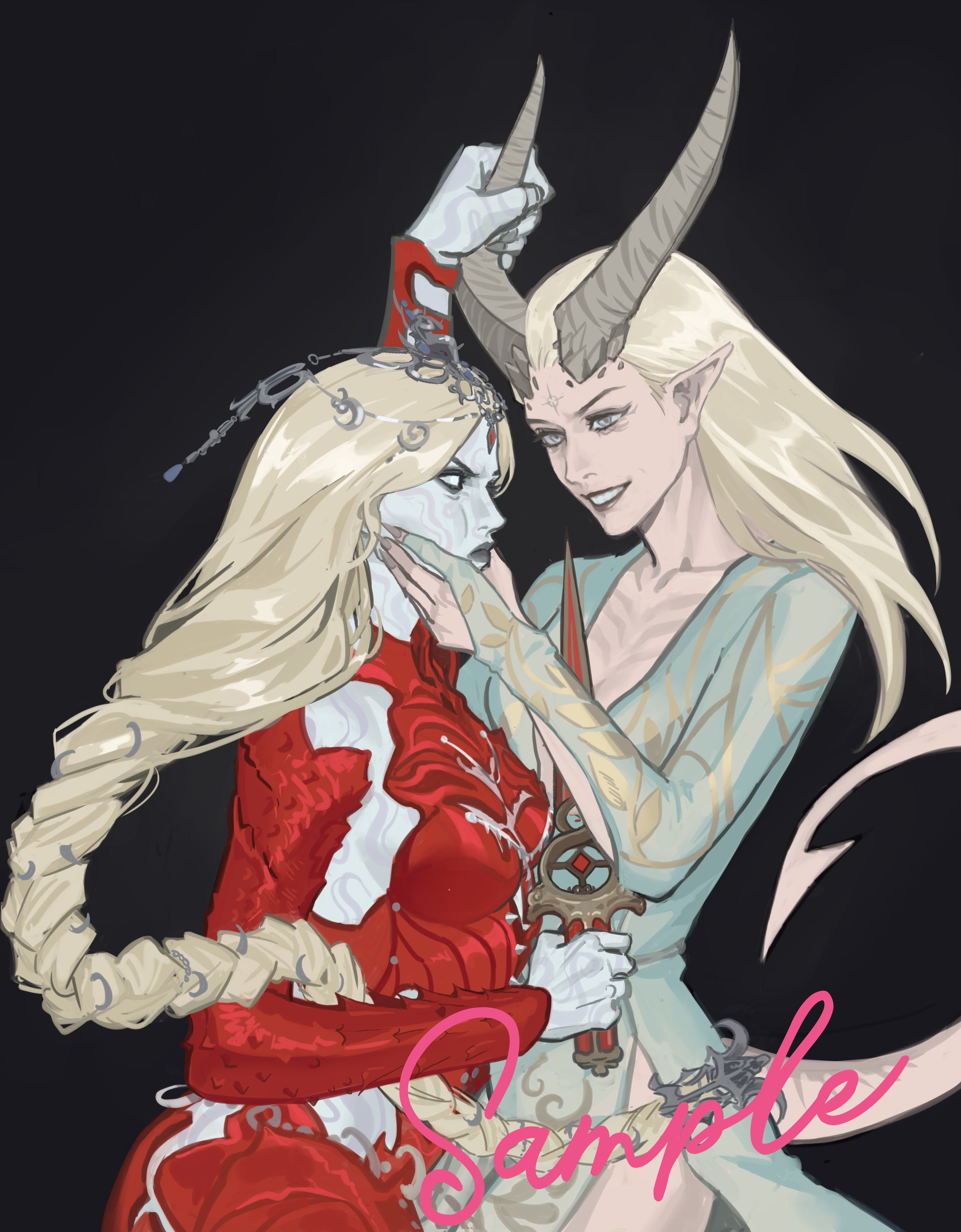 kanaewit, orin the red, tav (baldur's gate), tiefling, baldur's gate, baldur's gate 3, dungeons & dragons, dungeons & dragons, absurdres, highres, 2girls, black background, black lips, blonde hair, blue dress, bodysuit, braid, circlet, colored skin, cowboy shot, dagger, demon horns, demon tail, detached sleeves, dress, grey eyes, headpiece, holding, holding dagger, holding knife, holding weapon, horn grab, horns, knife, long hair, looking at another, low-braided long hair, low-tied long hair, multiple girls, pointy ears, red bodysuit, sample watermark, simple background, single braid, smile, tail, watermark, weapon, white skin