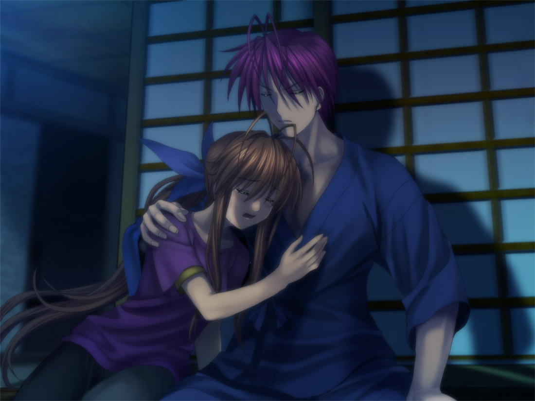 mutsuki (moonknives), furukawa akio, furukawa sanae, clannad, key (company), bad id, bad pixiv id, 00s, antenna hair, brown hair, closed eyes, crying, long hair, purple hair, tears, very long hair