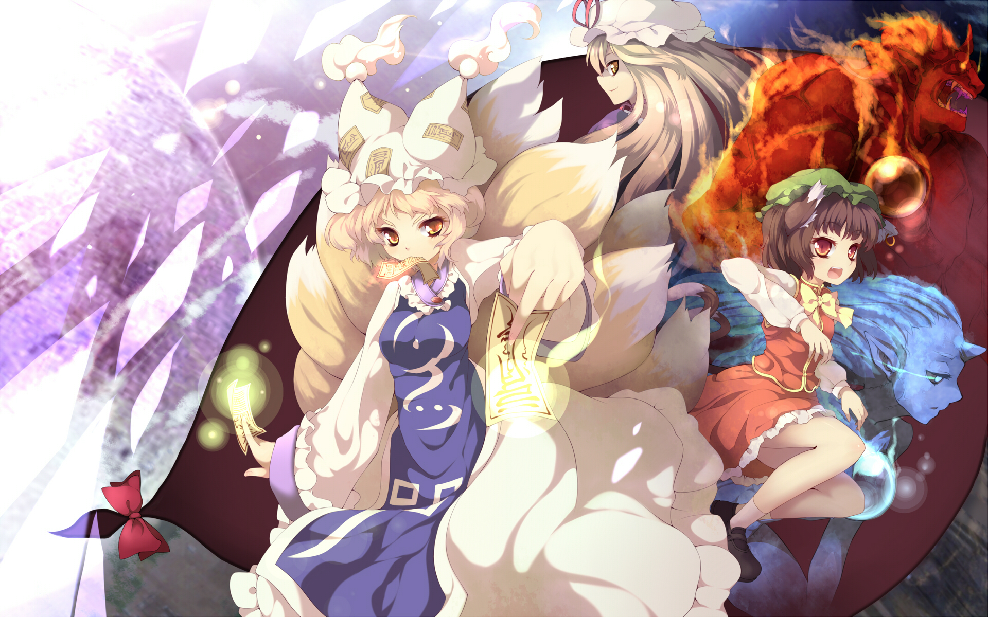 uruu gekka, chen, yakumo ran, yakumo yukari, touhou, highres, 3girls, animal ears, animal hat, between fingers, blonde hair, brown hair, cat ears, cat girl, cat tail, earrings, fang, female focus, fox tail, gap (touhou), glowing, hat, holding, jewelry, long hair, long sleeves, mob cap, multiple girls, multiple tails, ofuda, ofuda between fingers, ofuda on clothes, oni, red eyes, shoes, short hair, single earring, socks, tabard, tail, tassel, wide sleeves, yellow eyes