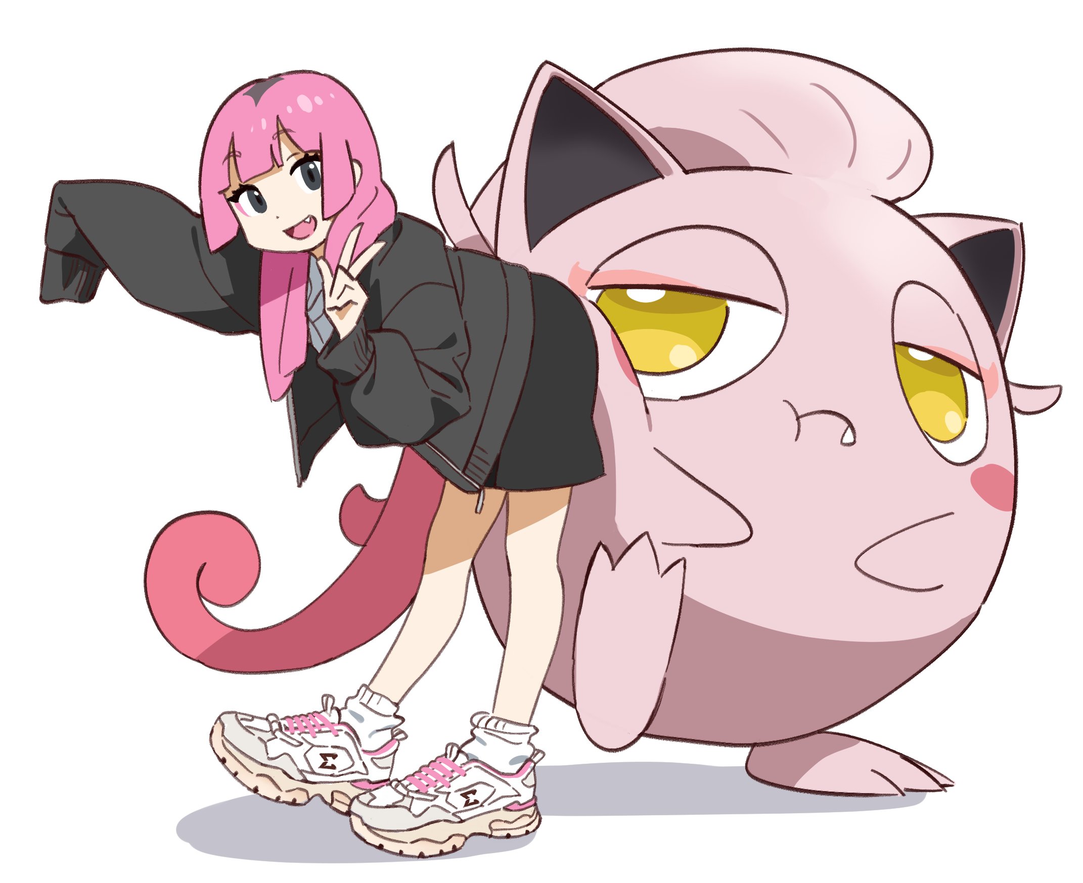 coral (pokemon), scream tail, nintendo, pokemon, pokemon (anime), pokemon horizons, hashtag-only commentary, highres, 1girl, :d, :t, asdf 4532, black eyes, fang, fang out, looking at viewer, open mouth, pink hair, pokemon (creature), shoes, simple background, sleeves past fingers, sleeves past wrists, smile, sneakers, w, white background, white shoes, yellow eyes