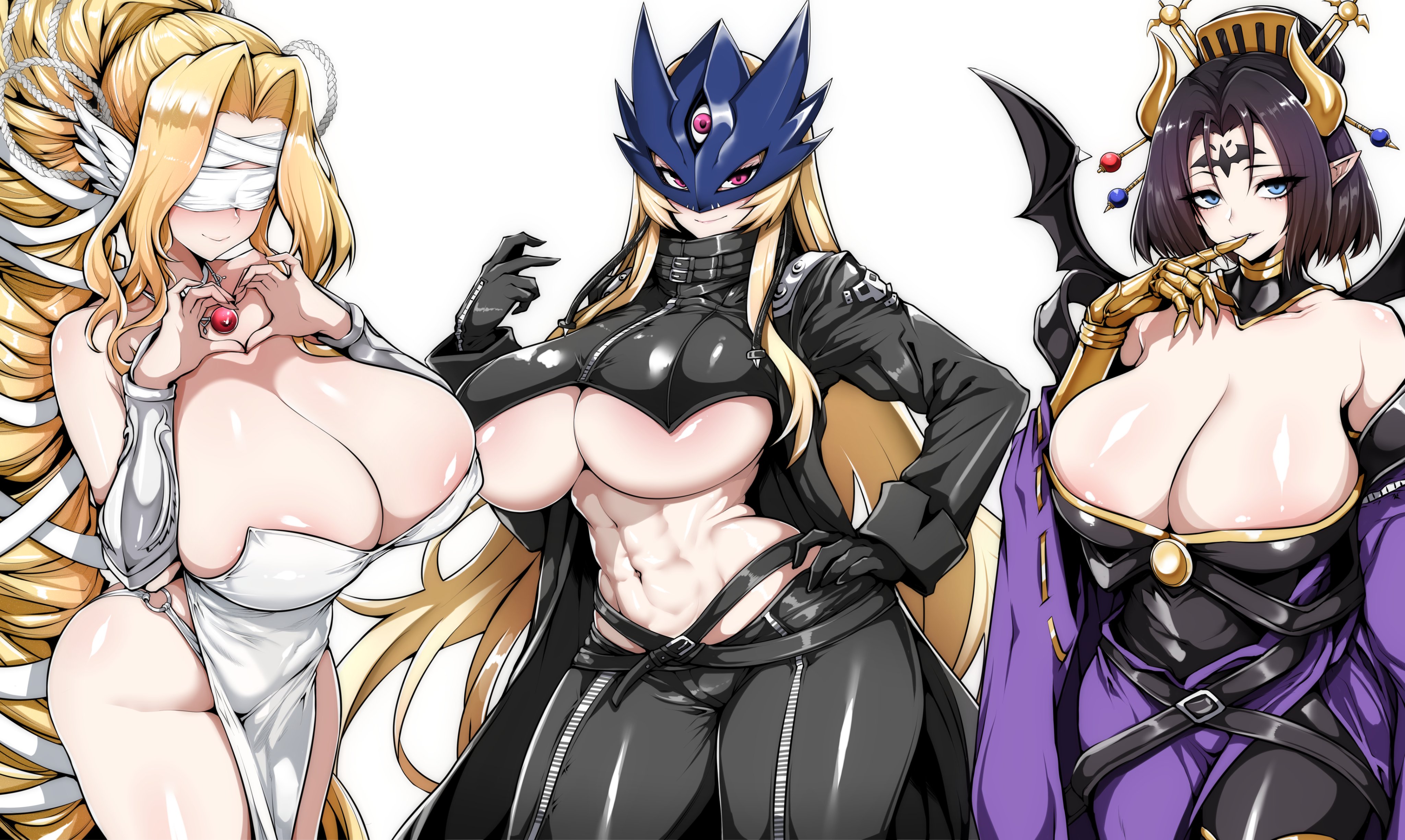 gggg, beelstarmon, lilithmon, venusmon, digimon, digimon story: time stranger, absurdres, highres, 3girls, abs, areola slip, bandages, bandages over eyes, bare shoulders, belt, black coat, black dress, black gloves, black hair, black pants, black shirt, blonde hair, blue eyes, blush, breasts, cleavage, coat, cropped shirt, demon horns, demon wings, detached collar, dress, facial mark, forehead mark, gauntlets, gloves, gold trim, hair ornament, head wings, heart, heart hands, high ponytail, horns, large breasts, long hair, long sleeves, looking at viewer, mask, multiple girls, navel, pants, parted bangs, pelvic curtain, pointy ears, ponytail, purple eyes, purple skirt, shirt, short hair, skirt, smile, thighs, third eye, toned, underboob, very long hair, white dress, wide sleeves, wings