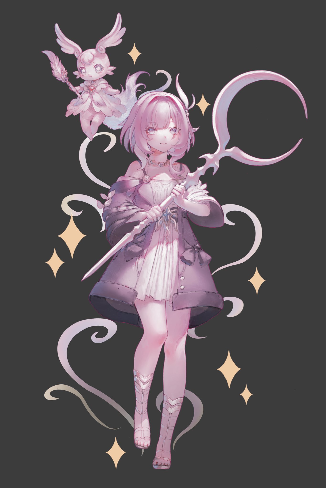 miton (vvse5752), cyrene (honkai: star rail), mem (honkai: star rail), honkai: star rail, honkai (series), commentary request, highres, 1girl, bare shoulders, black background, ceremonial blade (honkai: star rail), cyrene (aedes elysiae) (honkai: star rail), dress, full body, hair intakes, holding, holding quill, holding staff, jewelry, long sleeves, necklace, off-shoulder dress, off shoulder, pink hair, quill, short dress, short hair, spaghetti strap, sparkle, staff, standing