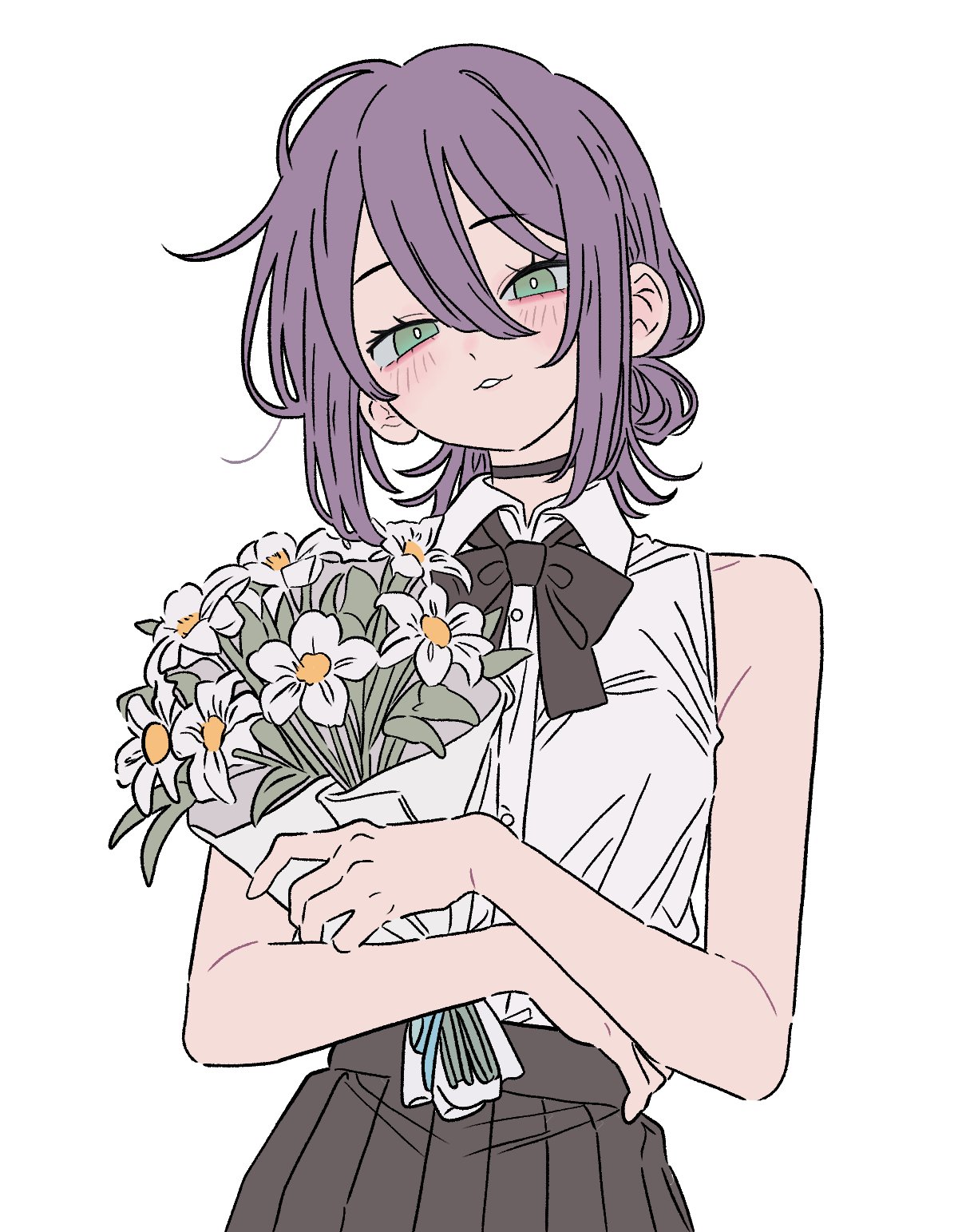 reze (chainsaw man), chainsaw man, highres, black choker, black ribbon, black skirt, bouquet, choker, flower, green eyes, hair between eyes, hair bun, holding, holding bouquet, long hair between eyes, looking at viewer, neck ribbon, ribbon, seiku092, shirt, shirt tucked in, single hair bun, skirt, sleeveless, sleeveless shirt, white background