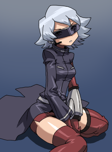 hunter j, j (pokemon), nintendo, pokemon, pokemon (anime), visor, lowres, gloves, grey hair, long coat, short hair, thighhighs