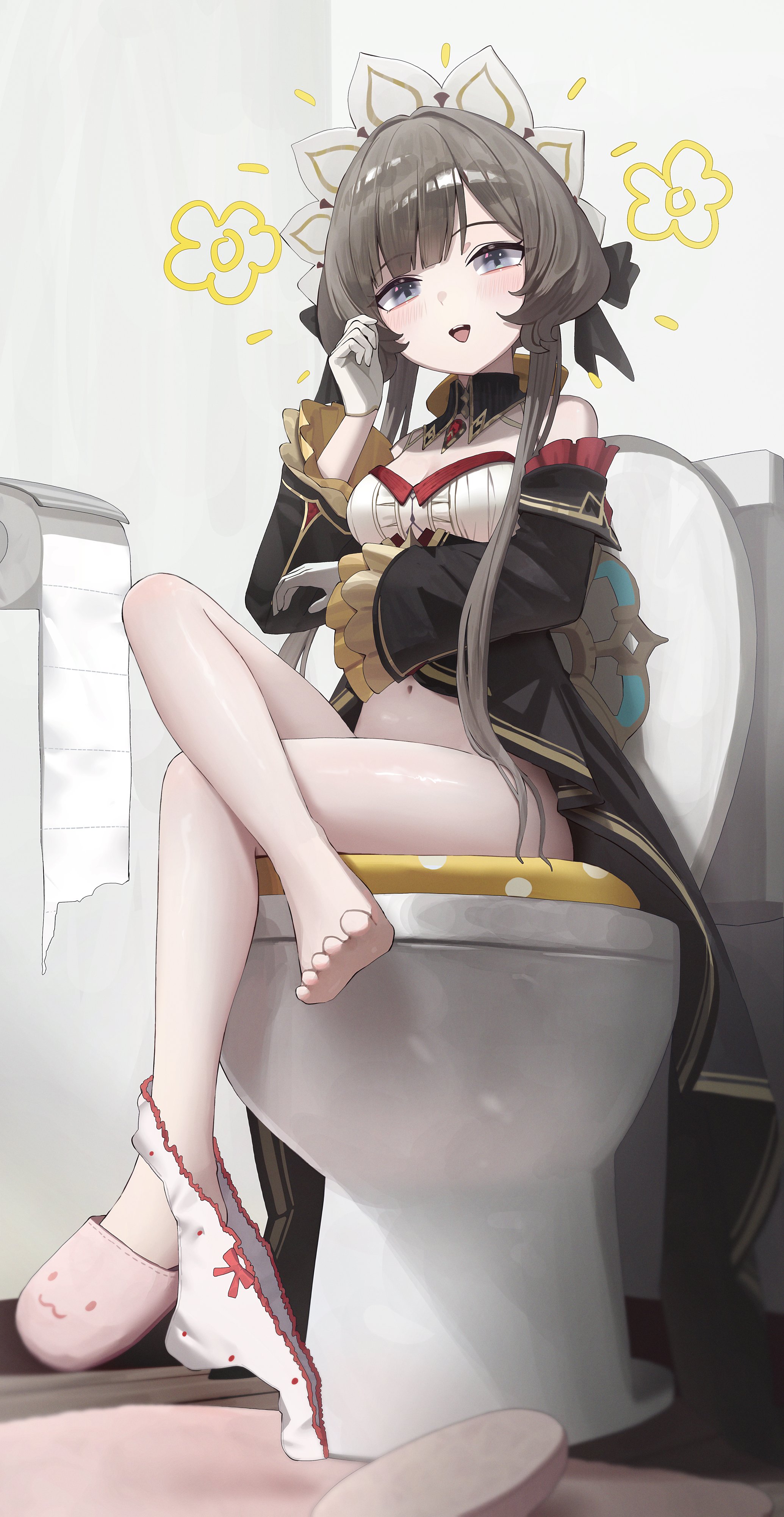 achib, sandrone (genshin impact), genshin impact, absurdres, highres, 1girl, bare shoulders, black collar, black sleeves, bow, bow panties, breasts, brown hair, cleavage, collar, crossed legs, detached collar, detached sleeves, dress, feet, gloves, headdress, long hair, medium breasts, navel, on toilet, open mouth, panties, panties around leg, short hair with long locks, slippers, solo, toilet paper, toilet stall, underwear, white gloves, white headdress, white panties