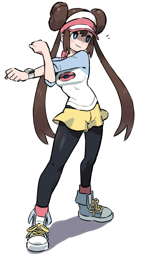 rosa (pokemon), nintendo, pokemon, pokemon bw2, hashtag-only commentary, 1girl, asdf 4532, black pantyhose, blue eyes, breasts, brown hair, cross-body stretch, double bun, full body, hair bun, long hair, looking ahead, pantyhose, shirt, shoes, shorts, simple background, smile, solo, twintails, visor cap, watch, white background, wristwatch, yellow shorts