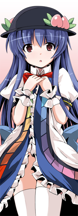 fa no hito, hinanawi tenshi, touhou, bad id, bad pixiv id, 1girl, blue hair, clothes lift, dress, dress lift, female focus, food, fruit, hat, no panties, peach, red eyes, simple background, skirt, skirt lift, solo, thighhighs, white background, white thighhighs