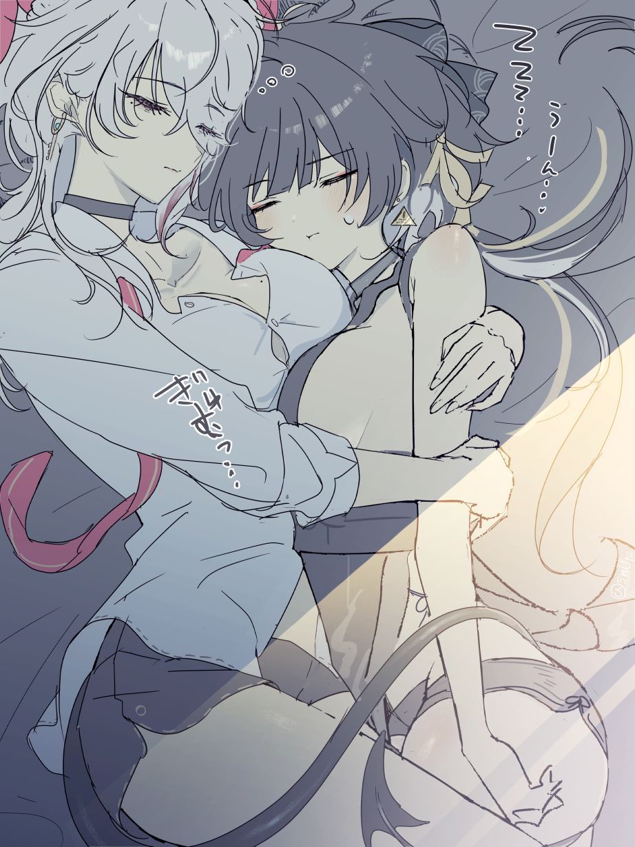female rover (wuthering waves), rover (wuthering waves), zani (wuthering waves), wuthering waves, commentary, highres, 2girls, asymmetrical docking, bare shoulders, black bow, black choker, black shorts, bow, breast press, breasts, choker, closed eyes, closed mouth, collared shirt, earrings, hair bow, hair ribbon, hug, jewelry, key earrings, large breasts, long hair, low ponytail, mole, mole on breast, multiple girls, mutii, necktie, ponytail, ribbon, shirt, short shorts, shorts, sleeping, tail, thighs, triangle earrings, undone necktie, white hair, white shirt, yellow ribbon, zzz