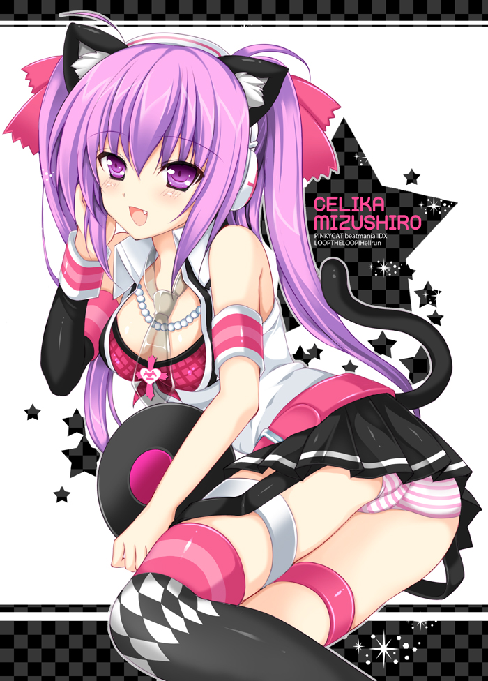 herurun, mizushiro celica, mizushiro celica (punk cat), beatmania iidx, bemani, bad id, bad pixiv id, 1girl, animal ears, cat ears, cat tail, female focus, gem, panties, pearl (gemstone), purple hair, solo, striped clothes, striped panties, tail, thighhighs, underwear, vinyl record