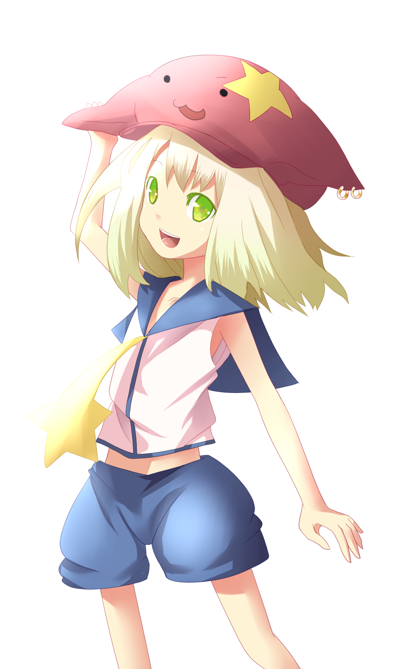 akeboshi kagayo, original, absurdres, bad id, bad pixiv id, highres, blonde hair, green eyes, hat, solo, star (symbol)