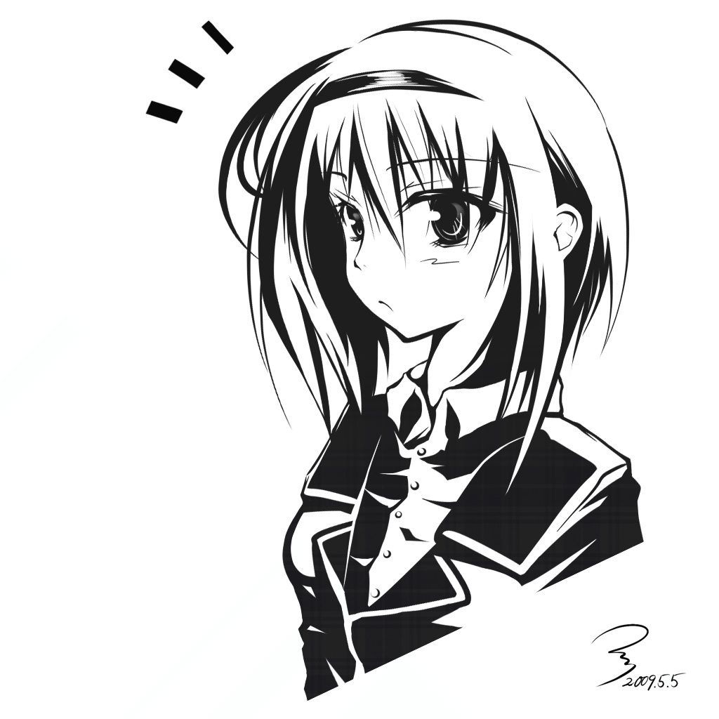 kurukuru (p!), nishizono mio, little busters!, bad id, bad pixiv id, 1girl, blazer, breasts, collared shirt, dated, expressionless, female focus, greyscale, hairband, jacket, long sleeves, looking at viewer, monochrome, school uniform, shirt, short hair, signature, simple background, solo, upper body, white background