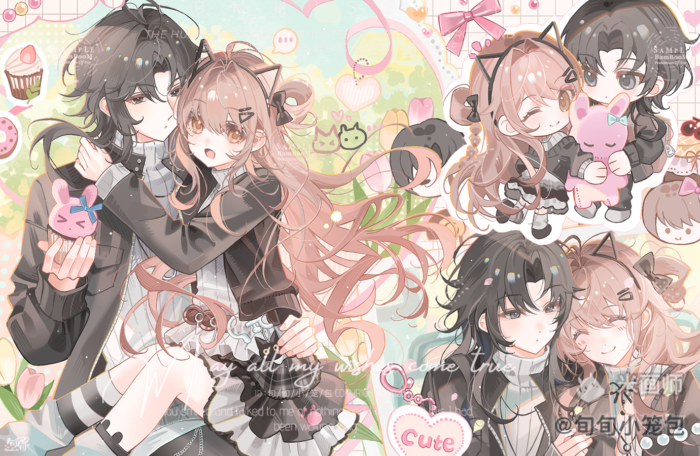 original, 1boy, 1girl, :d, ;), animal ear hairband, animal ears, black hair, black hairband, black jacket, brown hair, cat ear hairband, cat ears, chibi, closed mouth, fake animal ears, grey eyes, hairband, hug, jacket, long hair, long sleeves, mihuashi username, multiple views, one eye closed, open clothes, open jacket, open mouth, red eyes, smile, socks, watermark, white socks, xun xun xiaolongbao