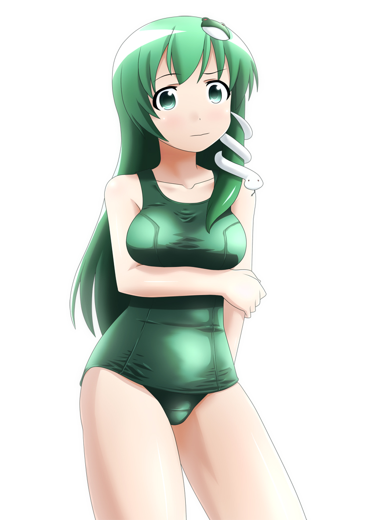 kusaba, kusaba (kusabashiki), kochiya sanae, touhou, 1girl, female focus, green eyes, green hair, green one-piece swimsuit, matching hair/eyes, one-piece swimsuit, school swimsuit, snake, solo, swimsuit