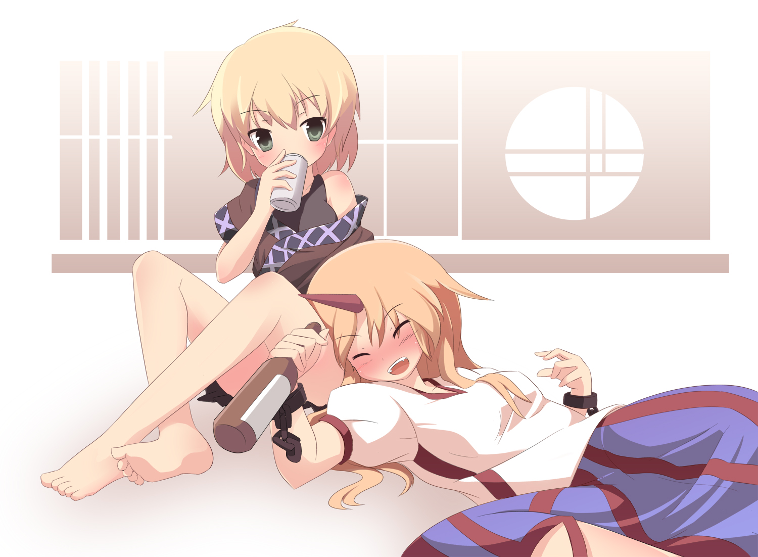 miko machi, hoshiguma yuugi, mizuhashi parsee, touhou, 2girls, barefoot, blonde hair, blush, bottle, can, cuffs, drinking, drunk, feet, female focus, green eyes, handcuffs, horns, long hair, lying, multiple girls, on back, short hair, sleeveless
