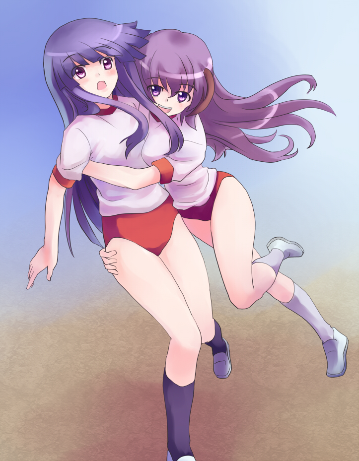 iiru, furude rika, hanyuu, higurashi no naku koro ni, bad id, bad pixiv id, 00s, blue hair, buruma, dutch angle, gym uniform, horns, hug, long hair, purple eyes, purple hair, simple background, very long hair