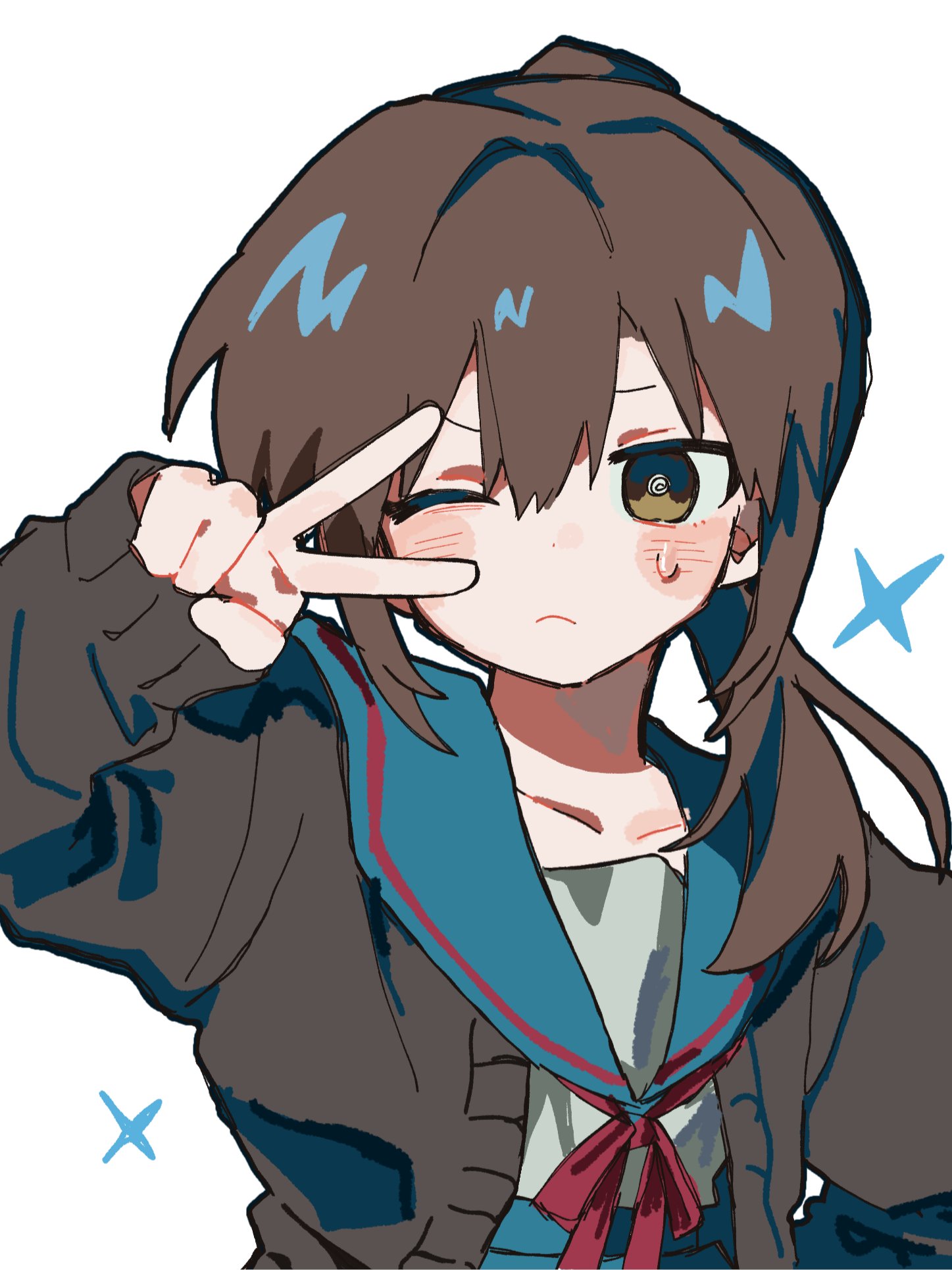 huk huk 02, kyonko, suzumiya haruhi no yuuutsu, commentary request, highres, 1girl, blue sailor collar, blue skirt, blush, brown cardigan, brown hair, cardigan, genderswap, genderswap (mtf), hair between eyes, kita high school uniform, long hair, long sleeves, one eye closed, open cardigan, open clothes, ponytail, red ribbon, ribbon, sailor collar, school uniform, serafuku, simple background, skirt, solo, sweatdrop, v, v over eye, white background, winter uniform