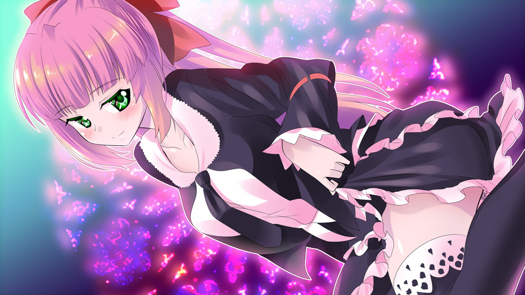 zpolice, original, bad id, bad pixiv id, 1girl, blush, bow, collarbone, come hither, dutch angle, female focus, green eyes, hair bow, kneeling, long hair, necktie, pink hair, ponytail, ribbon, seductive smile, smile, solo, teasing, thighhighs, zettai ryouiki