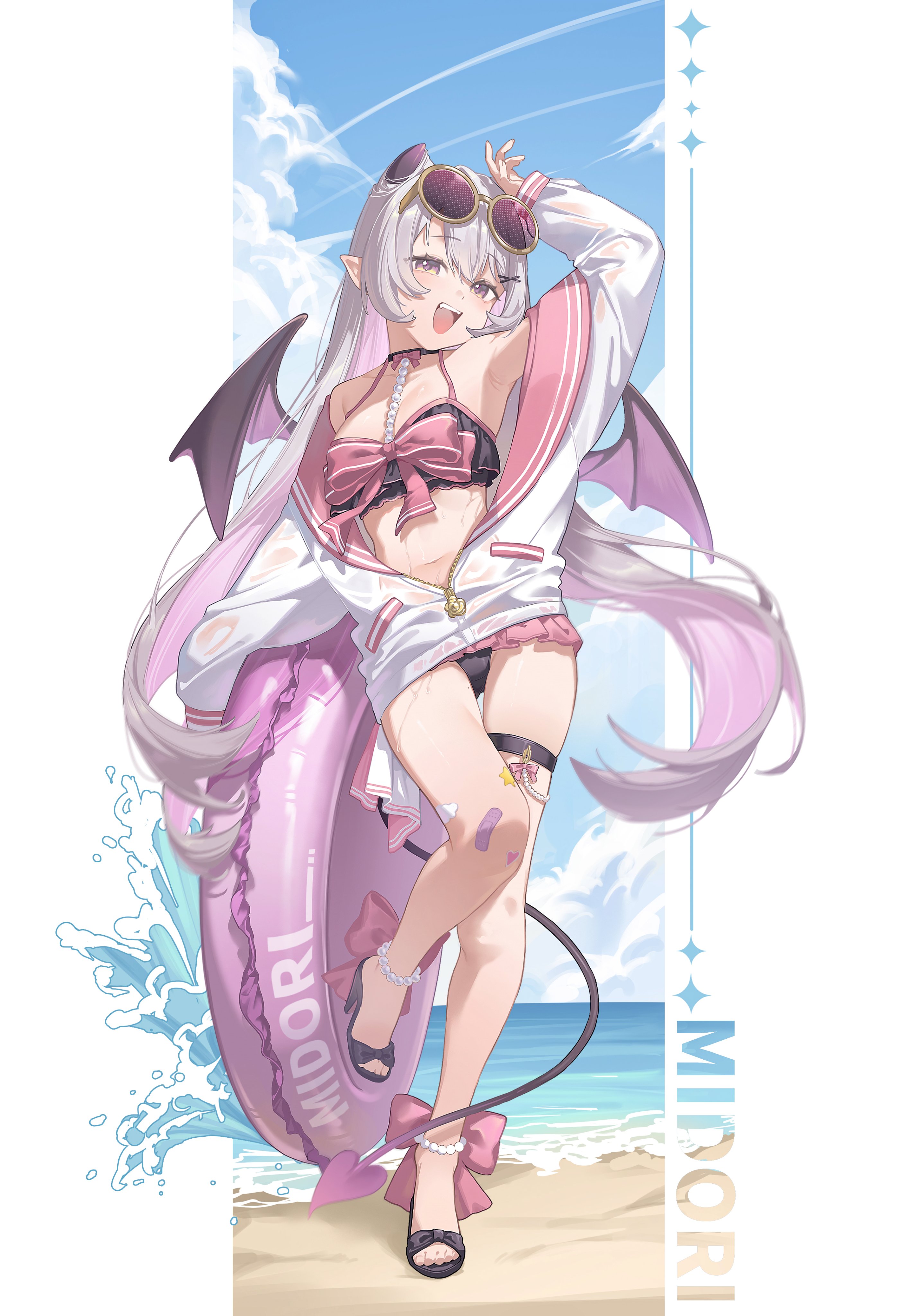 midori fufu, midori fufu (vtuber), indie virtual youtuber, absurdres, commentary, highres, 1girl, arm up, armpits, bare shoulders, beads, bikini, black bikini, black choker, black sandals, bow, breasts, choker, demon girl, demon horns, demon tail, demon wings, eyewear on head, frilled bikini, frills, full body, grey hair, halterneck, high heels, horns, innertube, jacket, leg up, long hair, long sleeves, looking at viewer, medium breasts, multicolored hair, navel, off shoulder, open mouth, pink bow, pink hair, pointy ears, round eyewear, sandals, smile, solo, standing, standing on one leg, stomach, string bikini, sunglasses, swim ring, swimsuit, tail, thigh strap, thighs, two-tone hair, very long hair, virtual youtuber, wet, white jacket, wings, yellow eyes