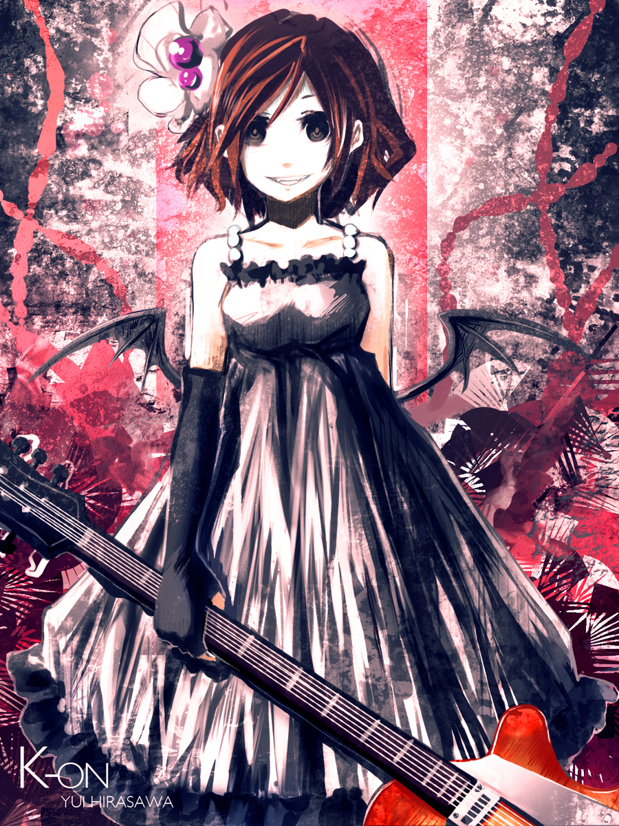 ochakai shin'ya, hirasawa yui, don't say "lazy", k-on!, bad id, bad pixiv id, highres, 00s, 1girl, bat wings, black eyes, fangs, female focus, fingerless gloves, gloves, guitar, instrument, short hair, solo, wings